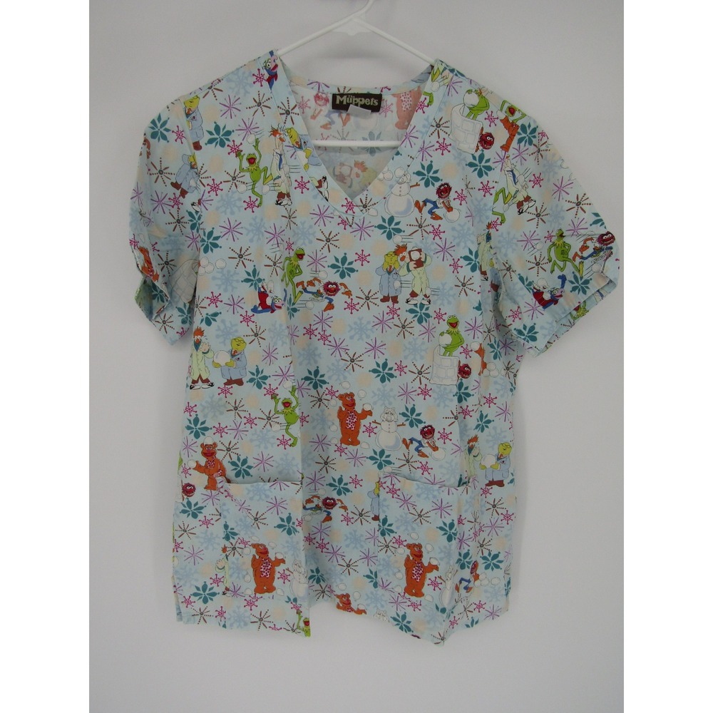 The Muppets Scrub Top Womens Medium Blue Winter Snowflake Kermit Fozzie V-Neck